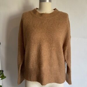 ZARA Wool Blend Mock Neck Cropped Knit Sweater-Camel Brown Pullover-Size‎ S